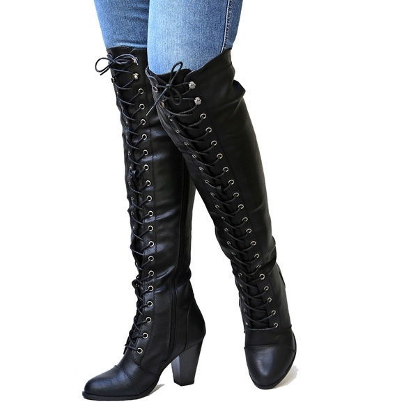 New Black Over Knee Combat Lace Up Heel Boots - Picture 4 of 5